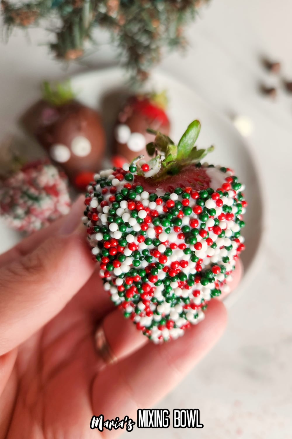 christmas chocolate covered strawberry covered in a sprinkles and held in a womens hand