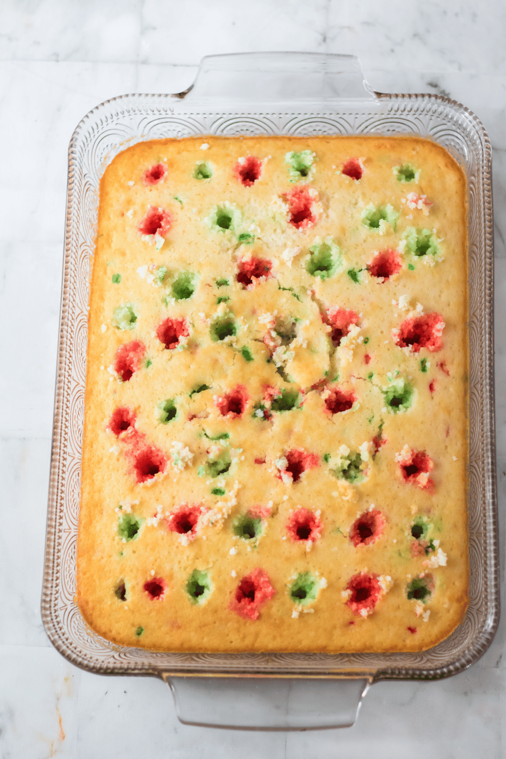 holes filled with red and green jello