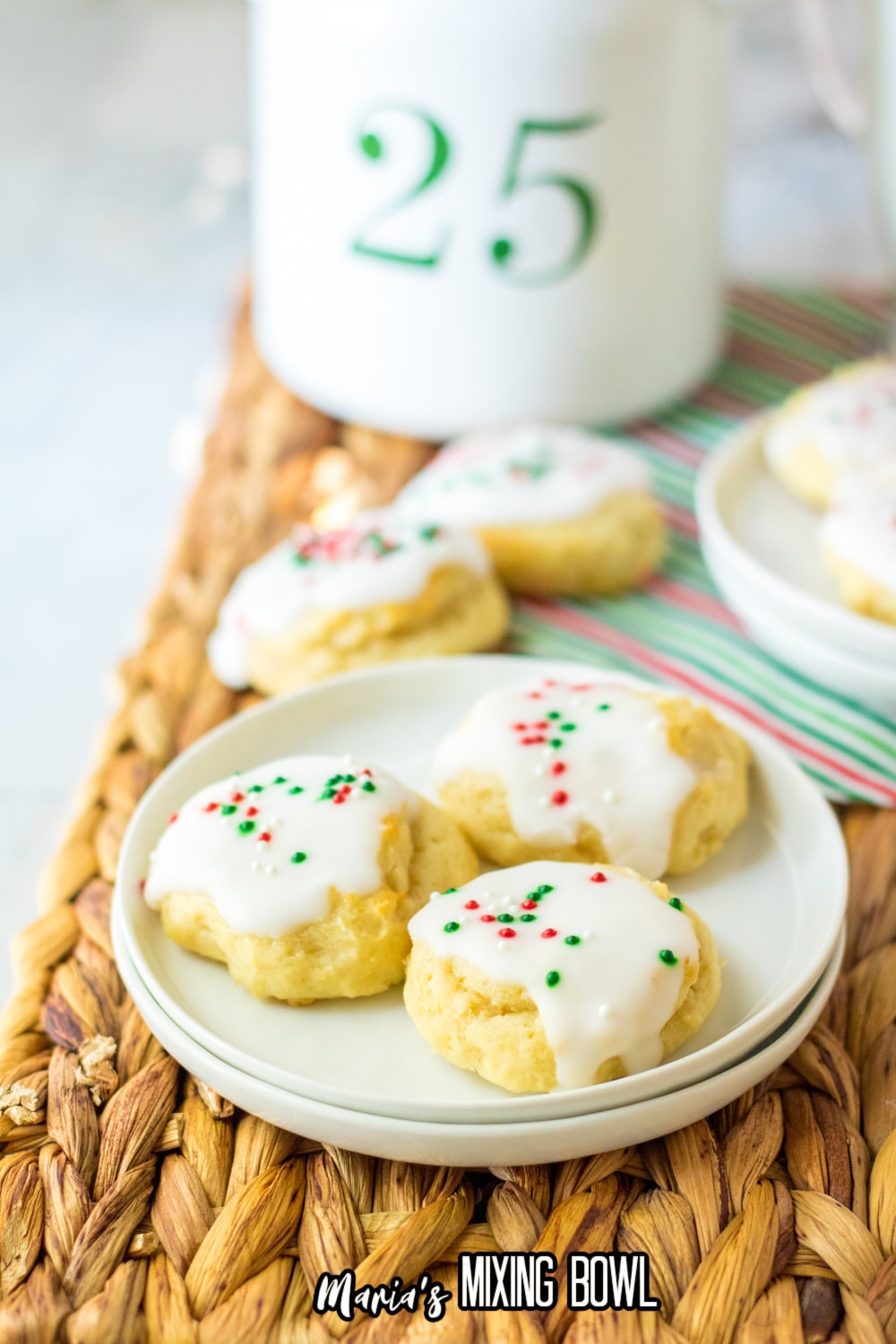 italian christmas cookies on a wicker backdrop