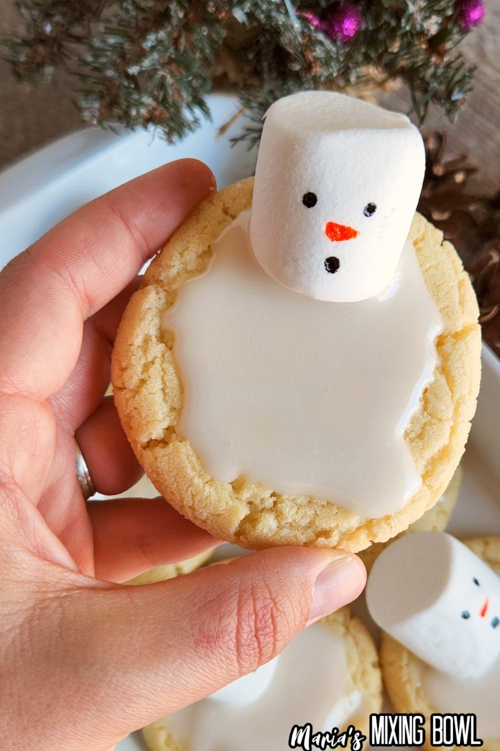 melting snowman cookie in a womans fingers