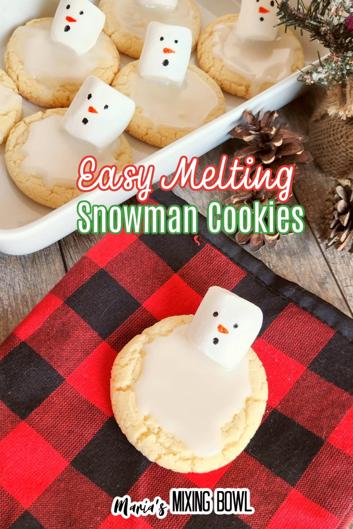 one metling snowman cooking on a red and black napkin