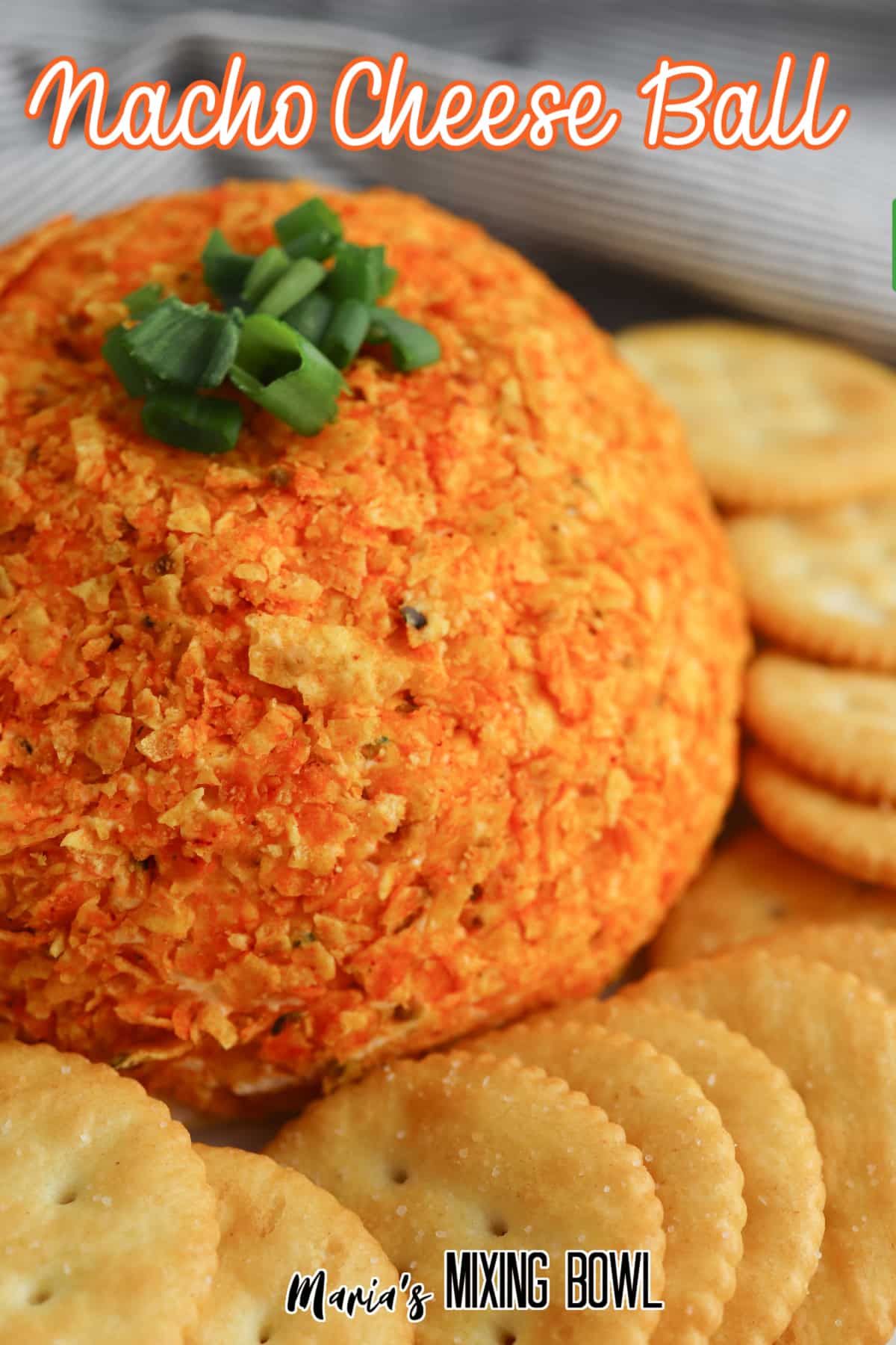 whole nacho cheese ball with the name in text for pinterest