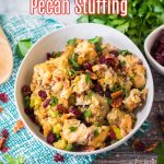 white bowl filled with slow cooker cranberry pecan stuffing