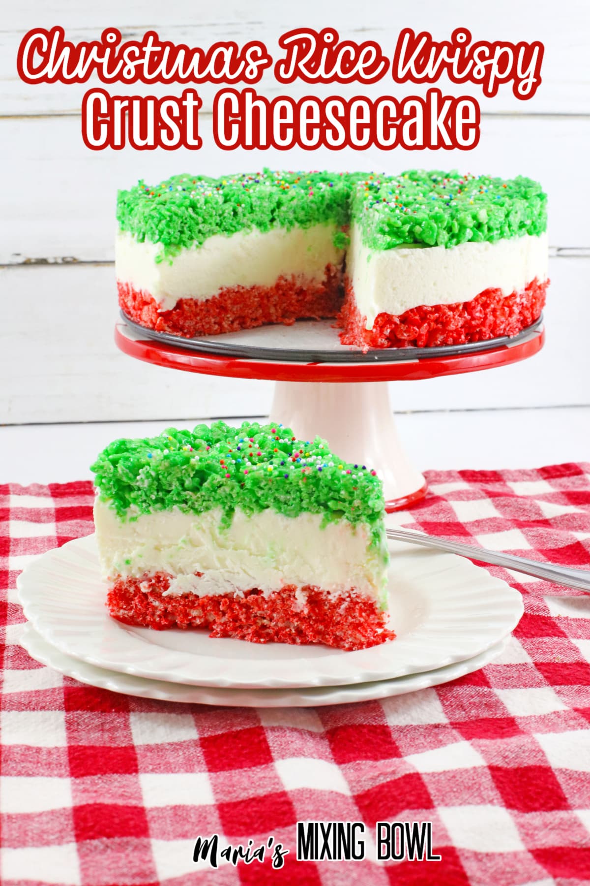 slice of christmas rice krispy crust cheesecake on a white plate with the name in text