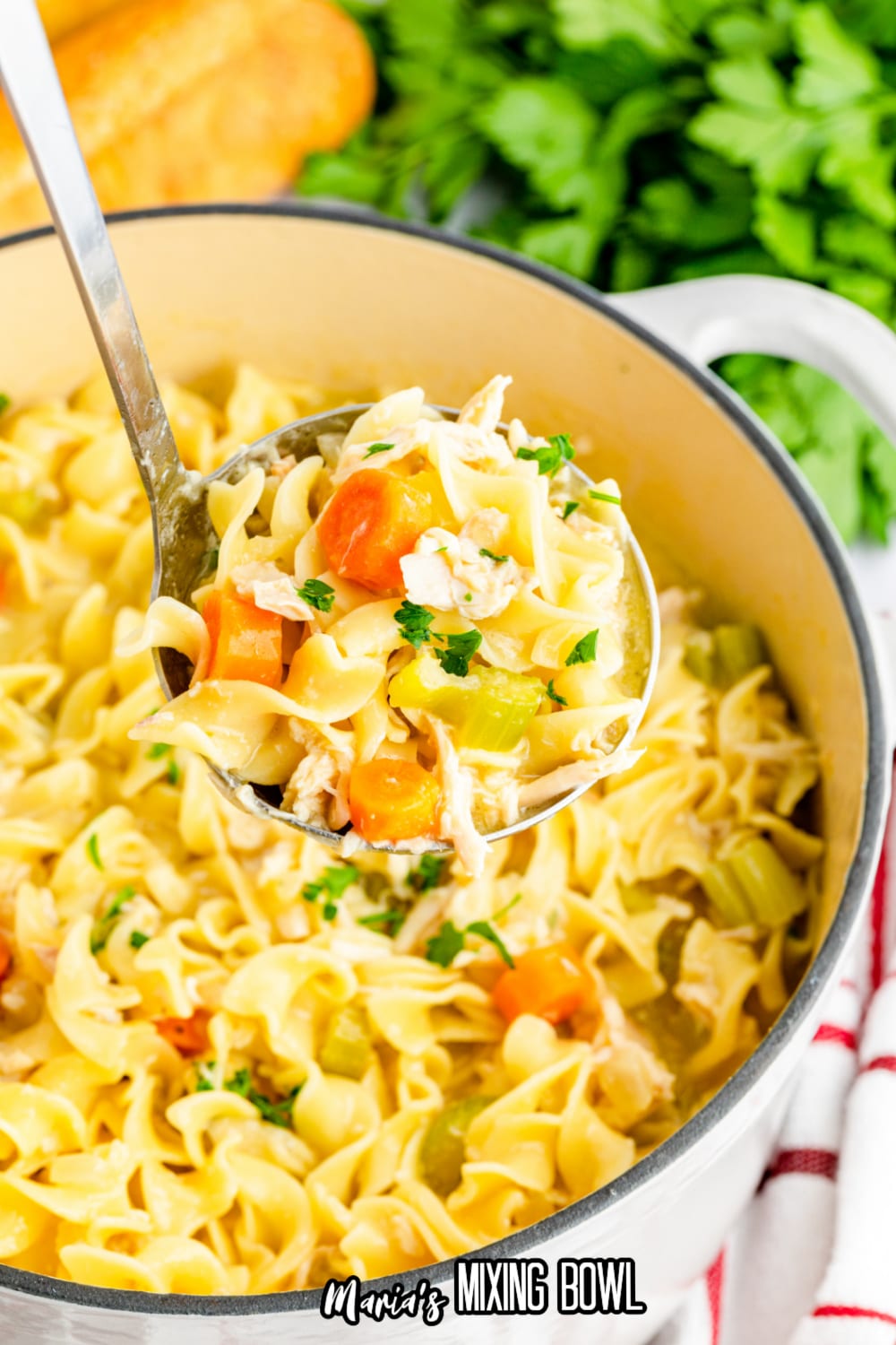 chicken cafeteria noodles on a ladle above a white dutch oven filled with noodles