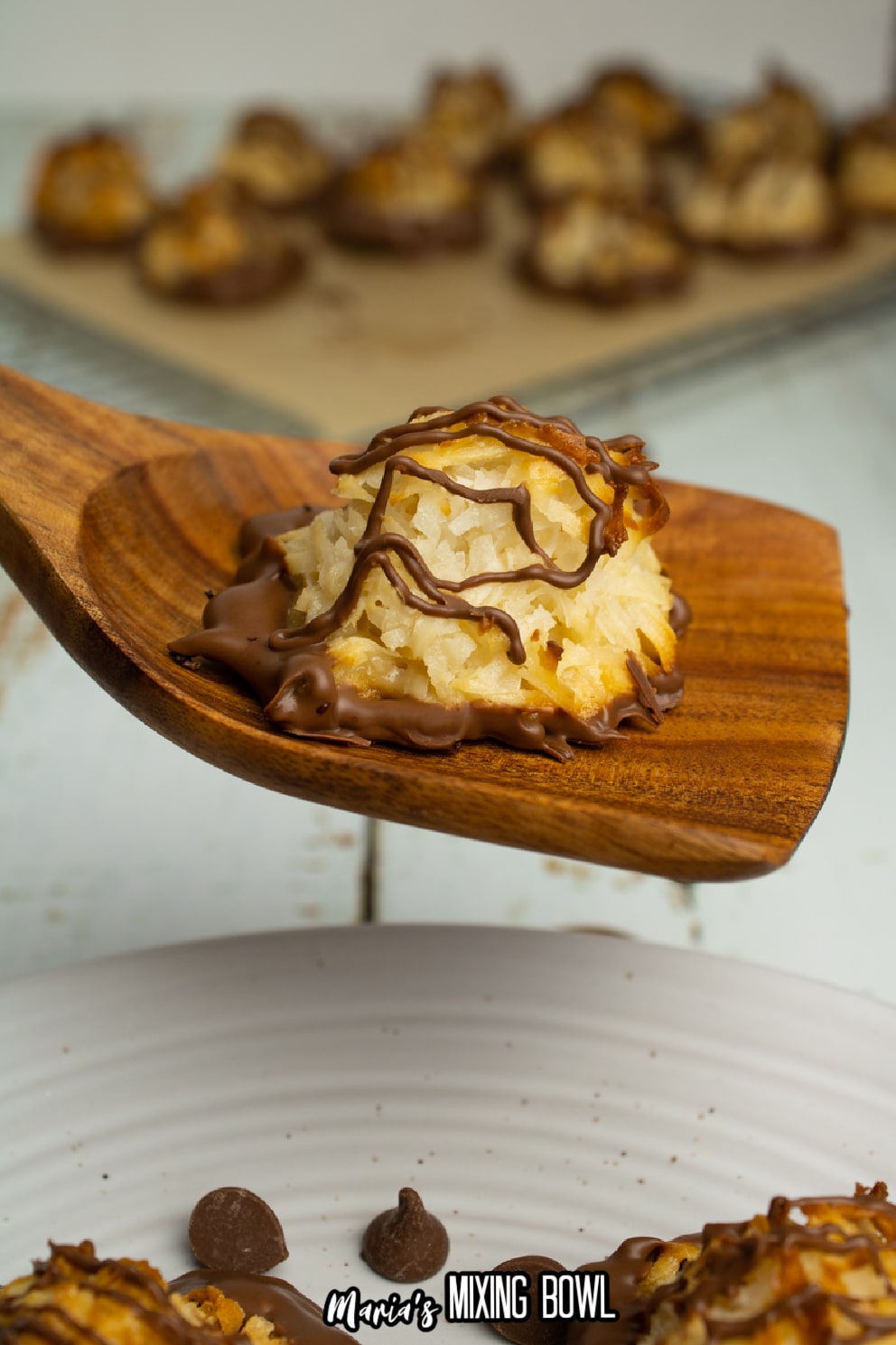 chocolate covered macaroon on a wooden spatula