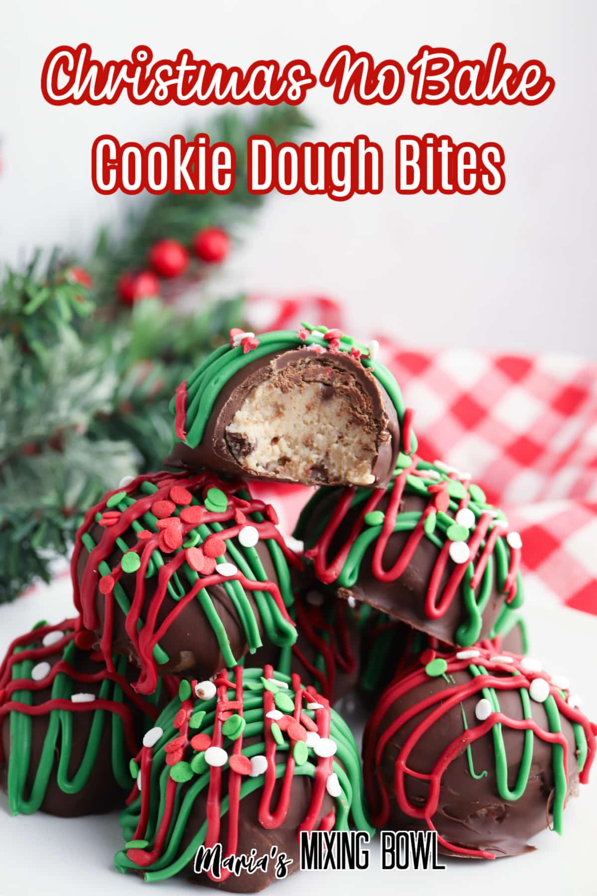 christmas no bake cookie dough bites stacked in a pyramid with the name in text