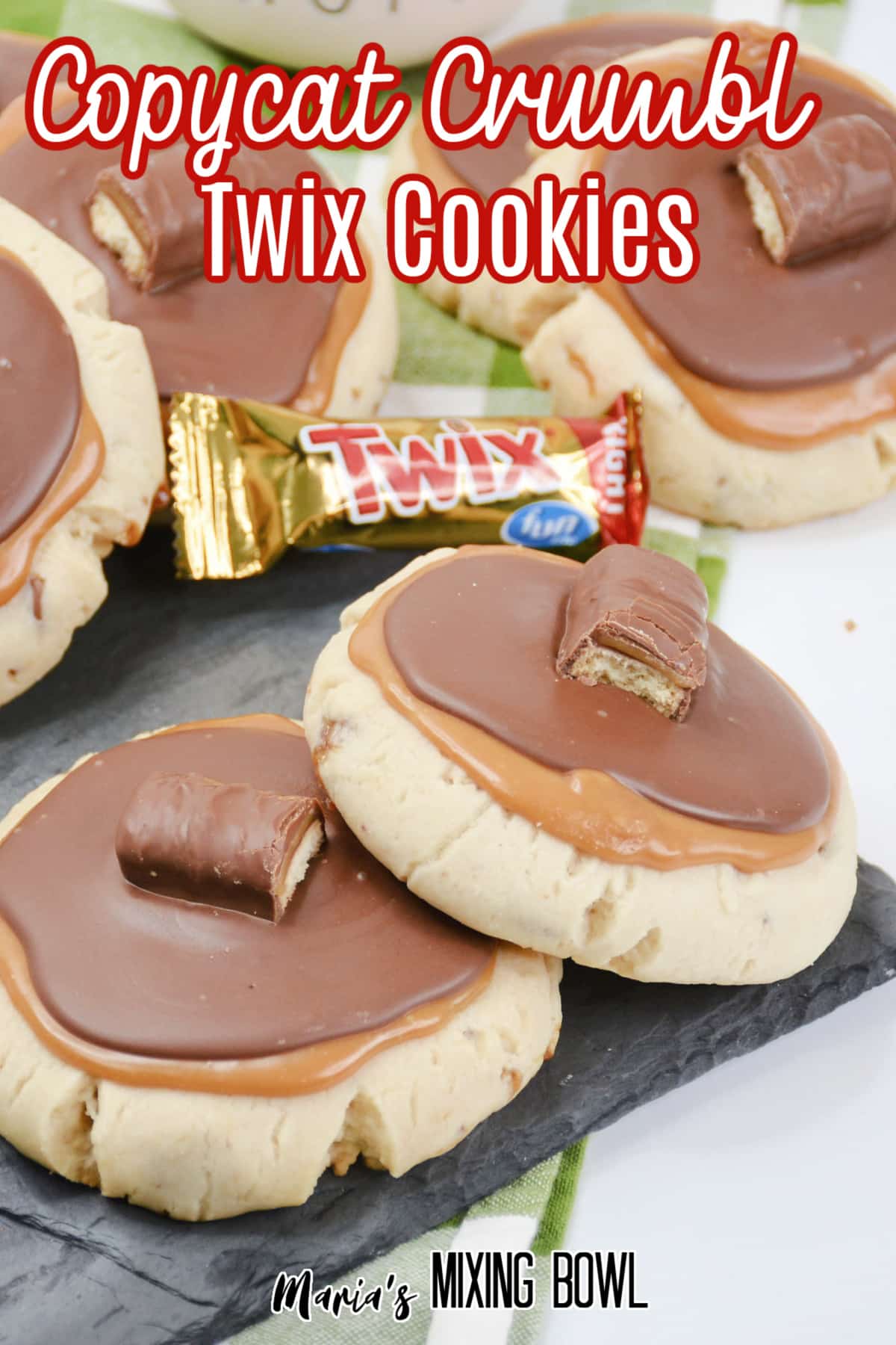 stack of twix cookies on a wooden board with the name in text for pinterest