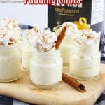 eggnog pudding shots on a wooden cutting board