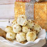 stack of gingerbread truffles on a white scalloped plate with the name in text for pinterest