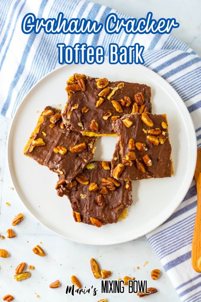 four pieces of graham cracker toffee bark on a white plate with the name in text for pinterest