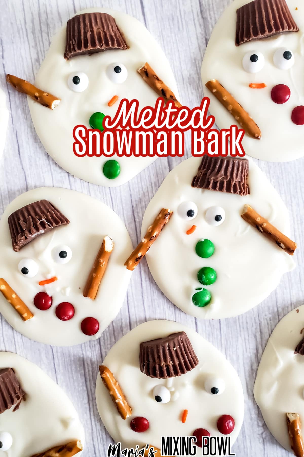 piece of melted snowman bark on a white wooden background with the name in text for pinterest