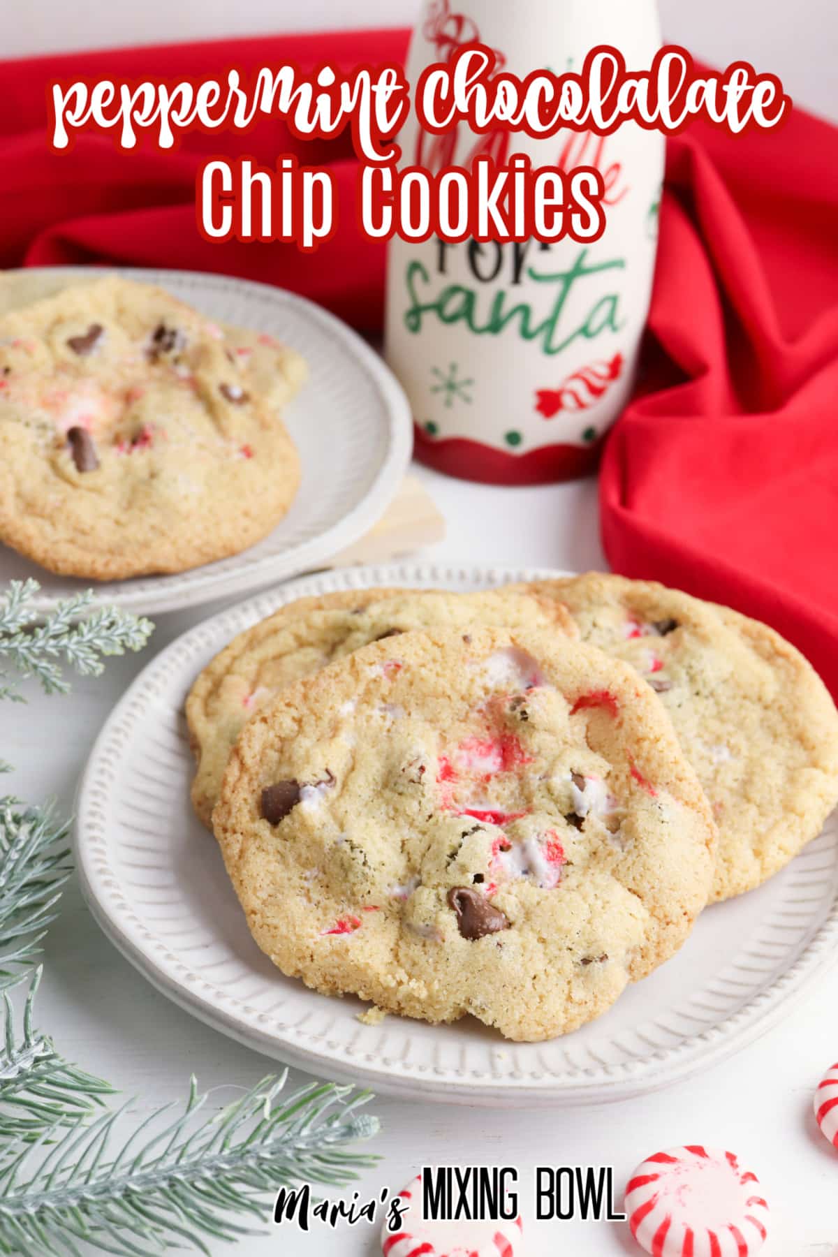 three peppermint chocolate chips cookies on a white plate with the name in text for pinterest