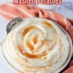 bowl of amish mashed potatoes topped with brown butter with the name in text for pinterest