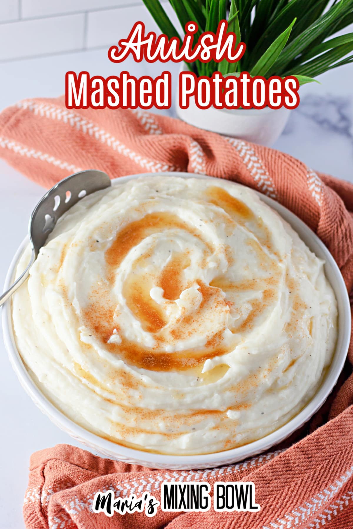 bowl of amish mashed potatoes topped with brown butter with the name in text for pinterest