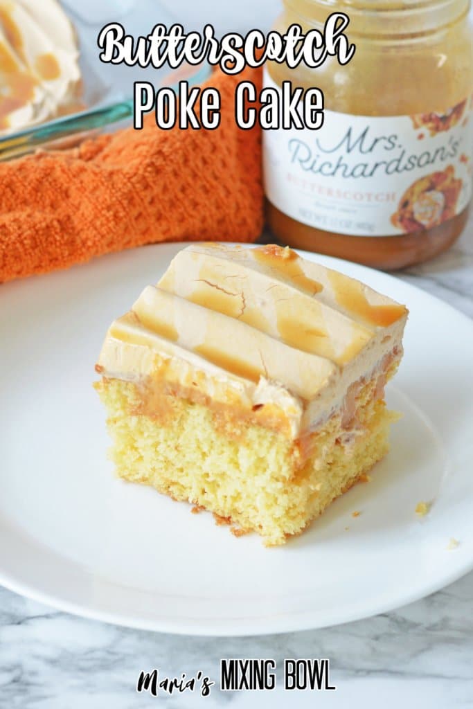 slice of butterscotch poke cake on a white plate