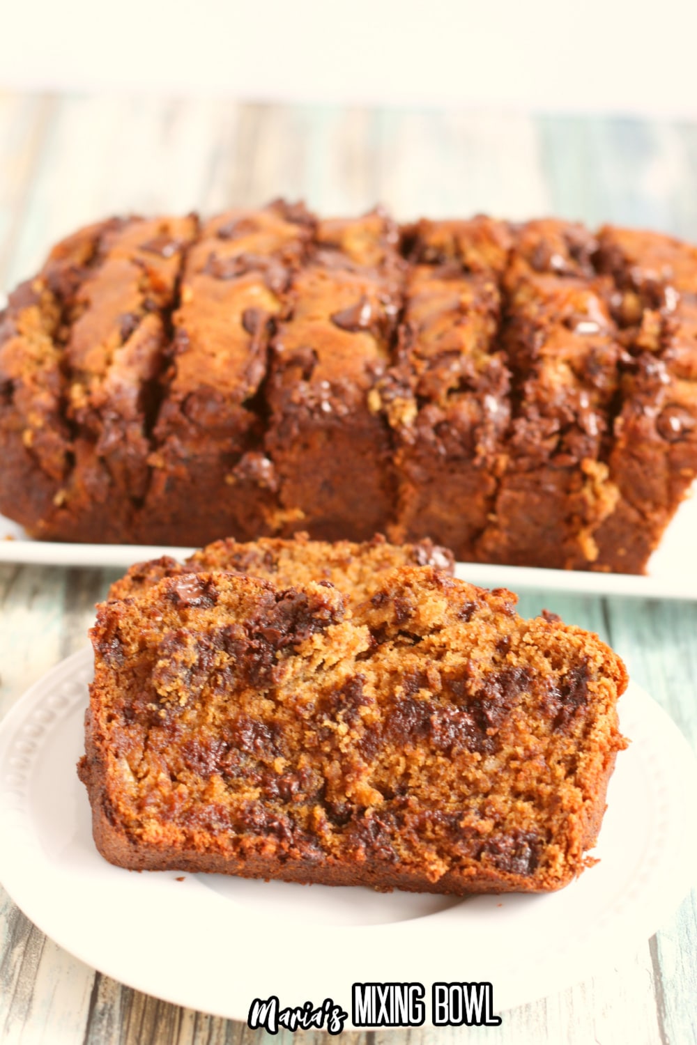 slice of chocolate chip banana bread on a white plate