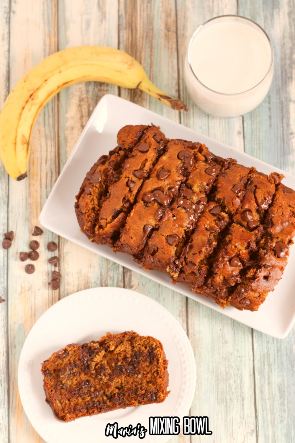 slice of chocolate chip banana bread on a white plate