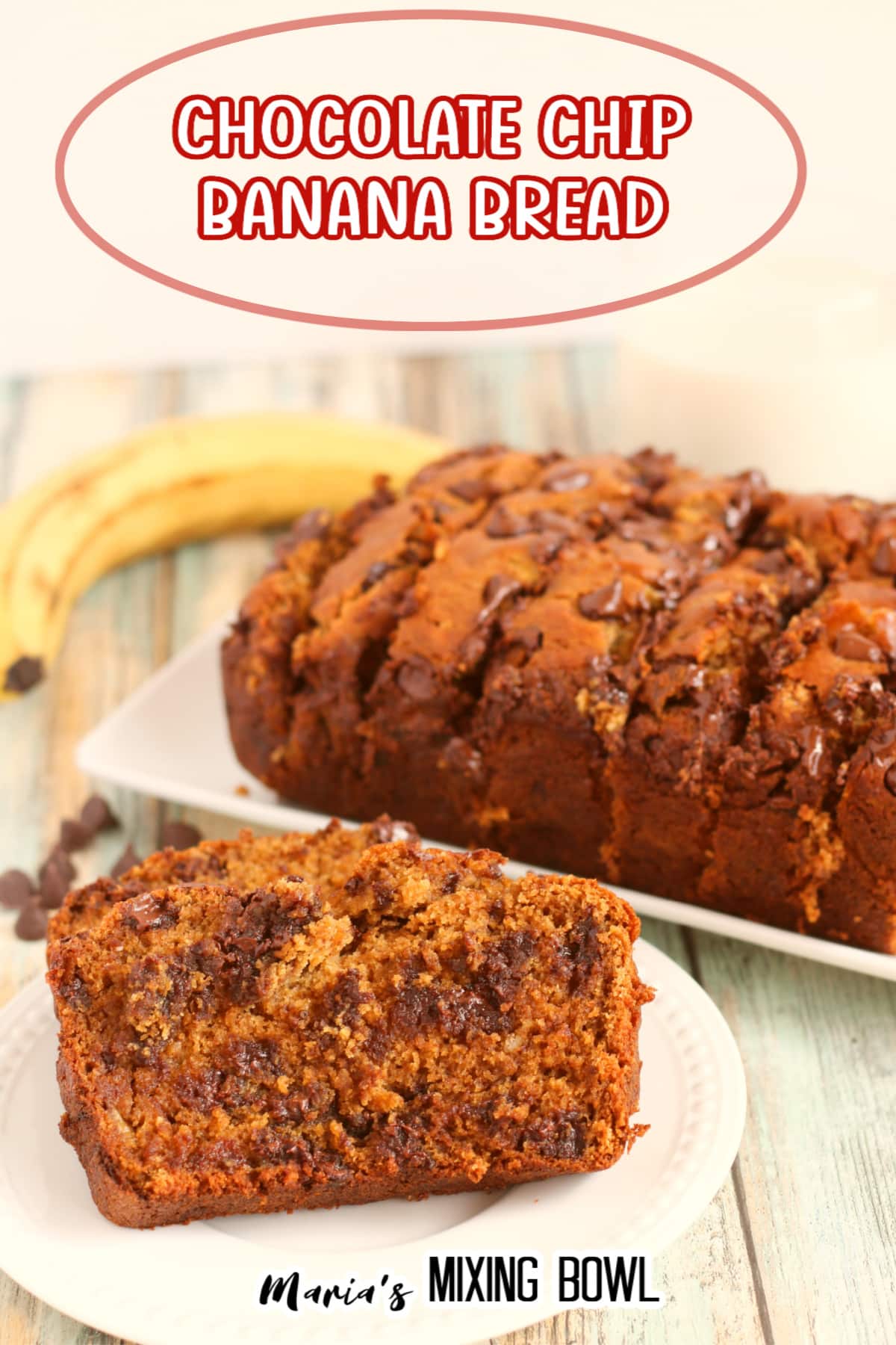 slice of chocolate chip banana bread on a white plate with the name in text for pinterest