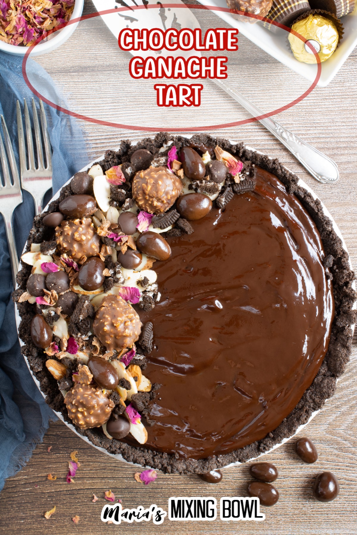 whole chocolate ganache tart with the name in text for pinterest