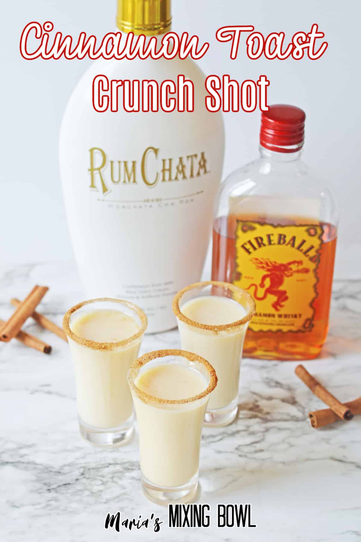 three cinnamon toast crunch shots on a marble counter with the next in text for pinterest