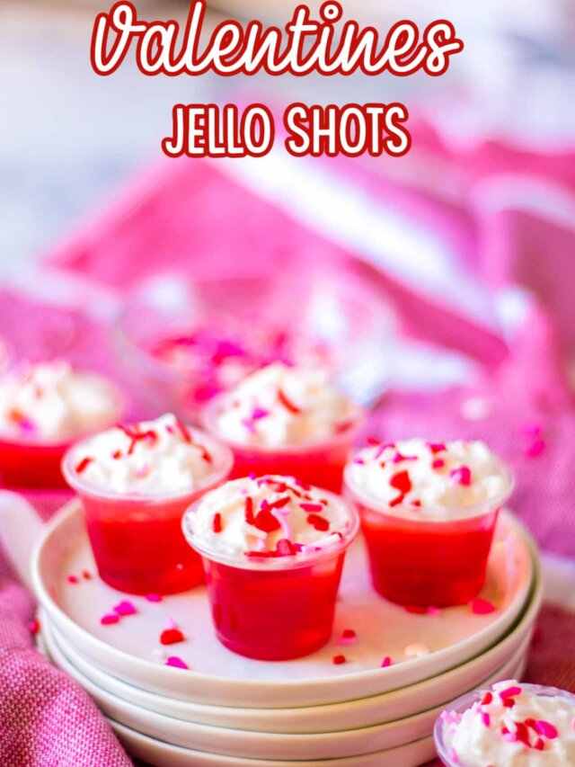 close up of a valentines day jello shots with the name in text for pinterest