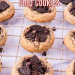 9 oreo chocolate chip cookies colling on a wire rack with the name in text for pinterest