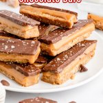 salted caramel chocolate bars on a white plate with the name in text for pinterest