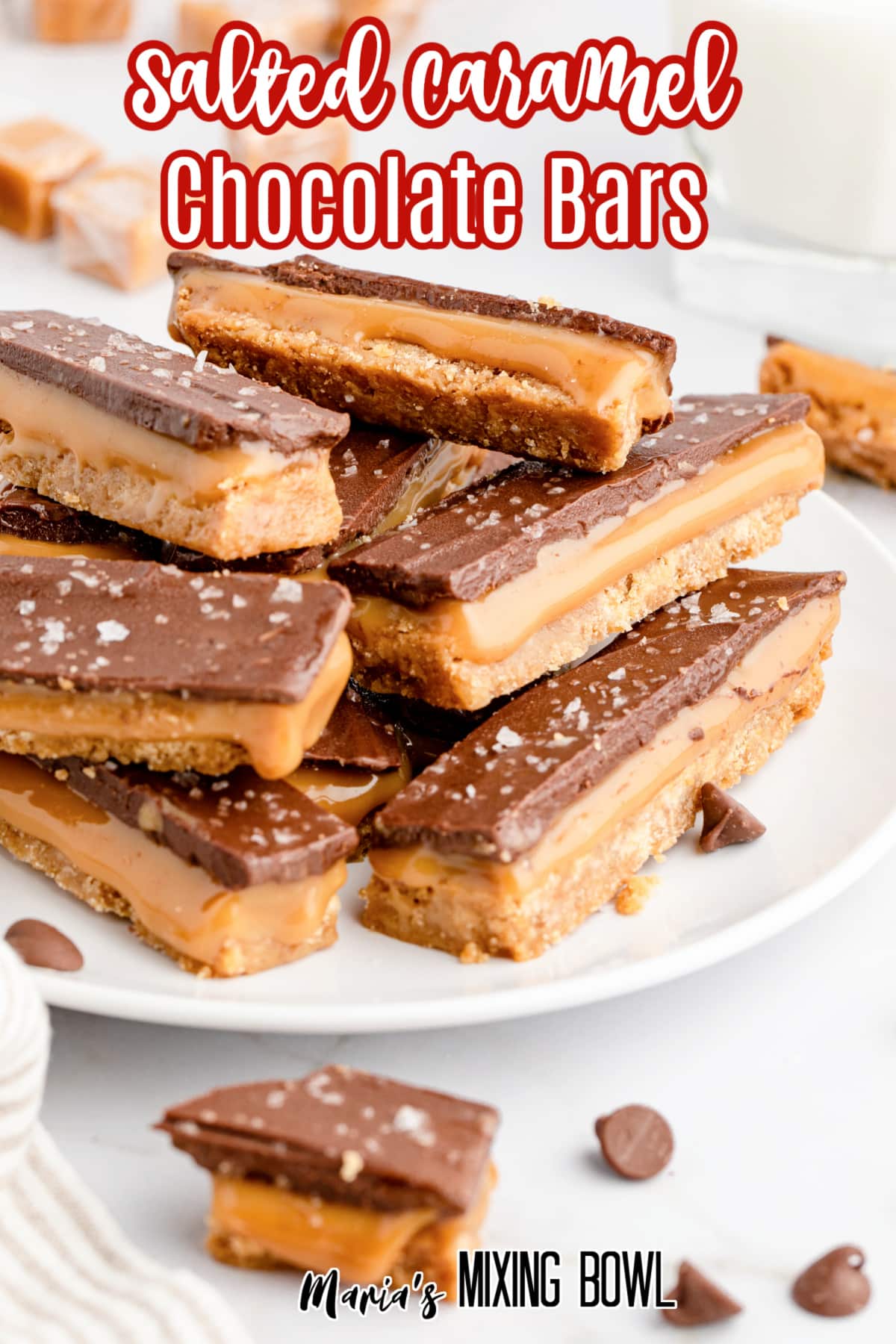 salted caramel chocolate bars on a white plate with the name in text for pinterest