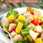 close up of pineapple chicken on a white plate with the name in text for pinterest