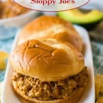 close up of a slow cooker mexican sloppy joes on a white platter with the name in text for pinterest