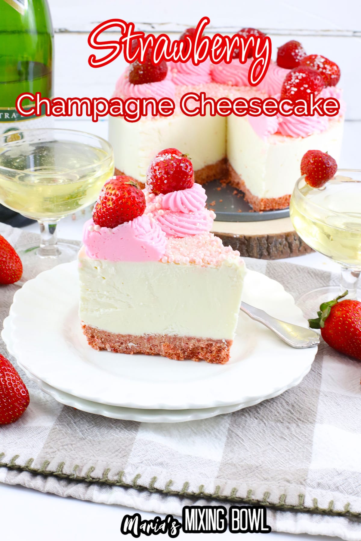 slice of strawberry champagne cheesecake on a white plate with the name in text for pinterest