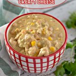 small bowl of white chicken chili with parsley with the name in text for pinterest