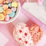 white chocolate dipped rice krispie treat on a pink and white tablecloth with the name in text for pinterest