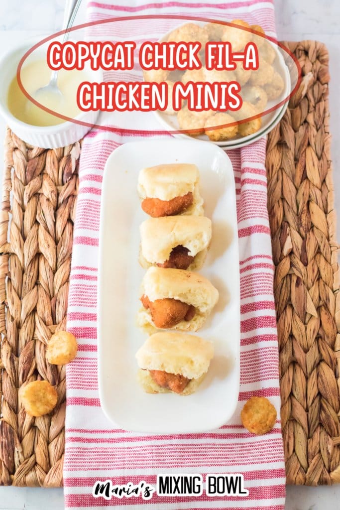 four chicken minis on a white platter with the name in text for pinterest