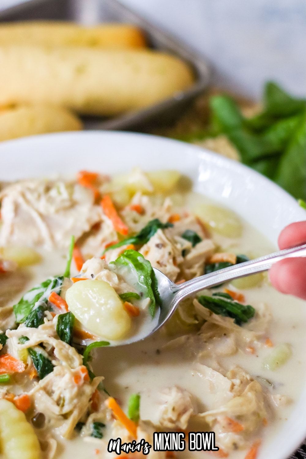 off center image of white bowl filled with slow cooker gnocchi soup