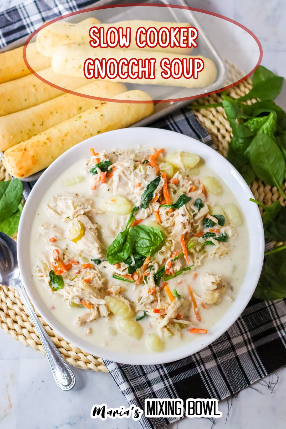 white bowl filled with slow cooker gnocchi soup