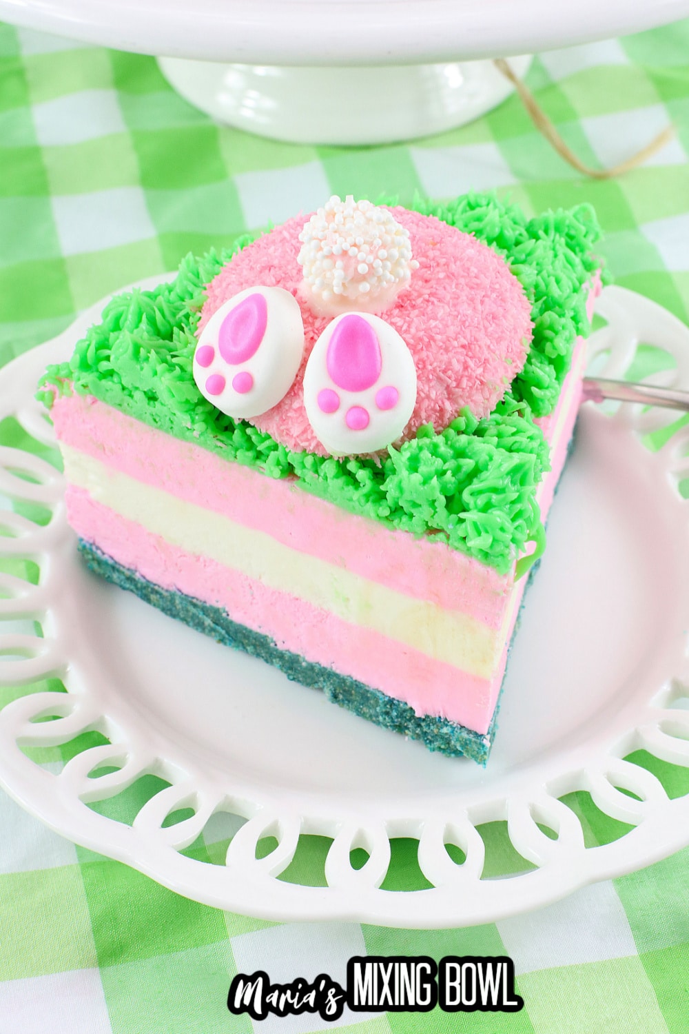 close up of a slice of bunny butt cheesecake