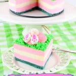 slice of pink and green cheesecake on a white plate