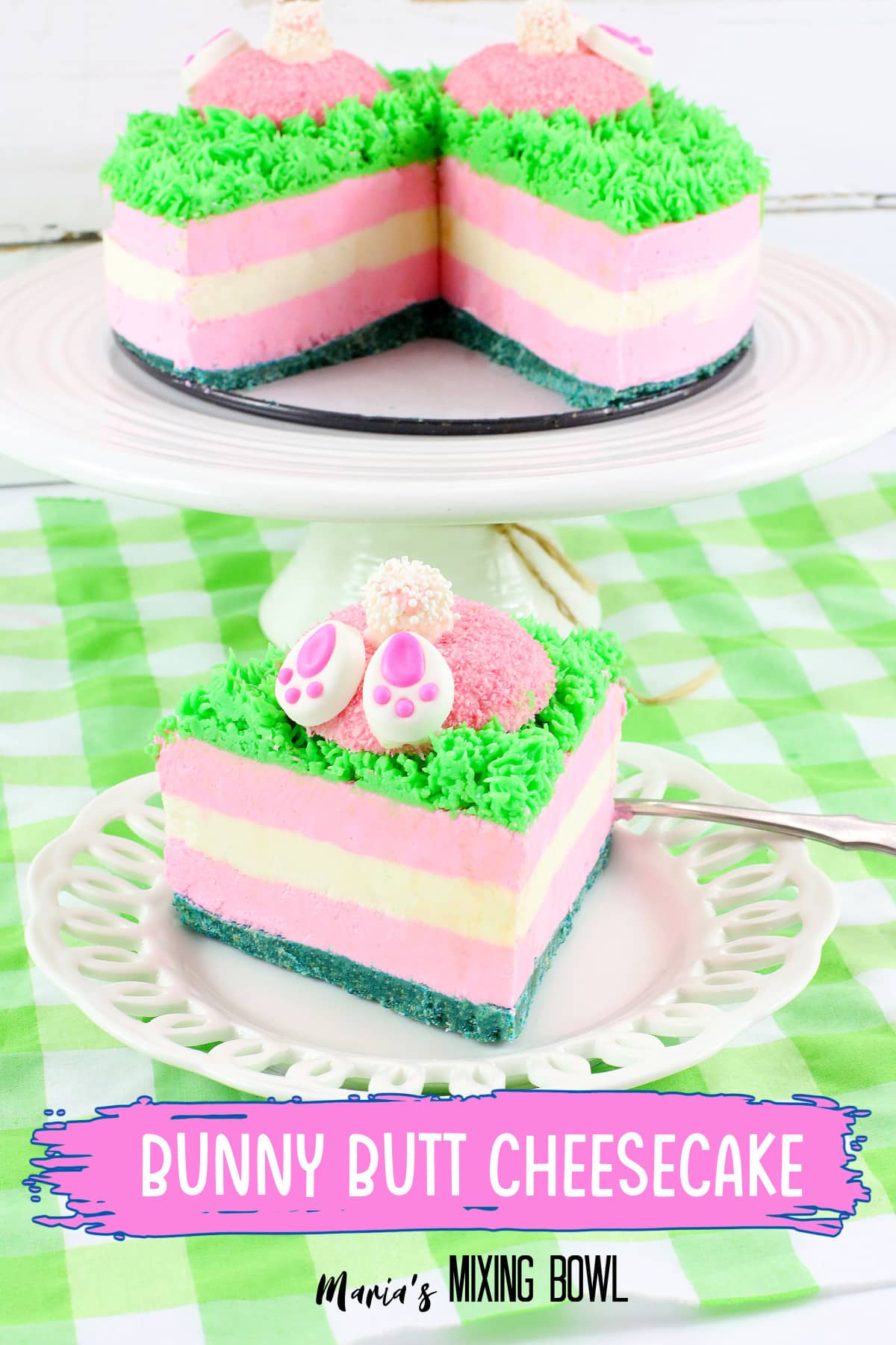 slice of pink and green cheesecake on a white plate