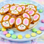 bunny pretzels stacked on a light blue plate