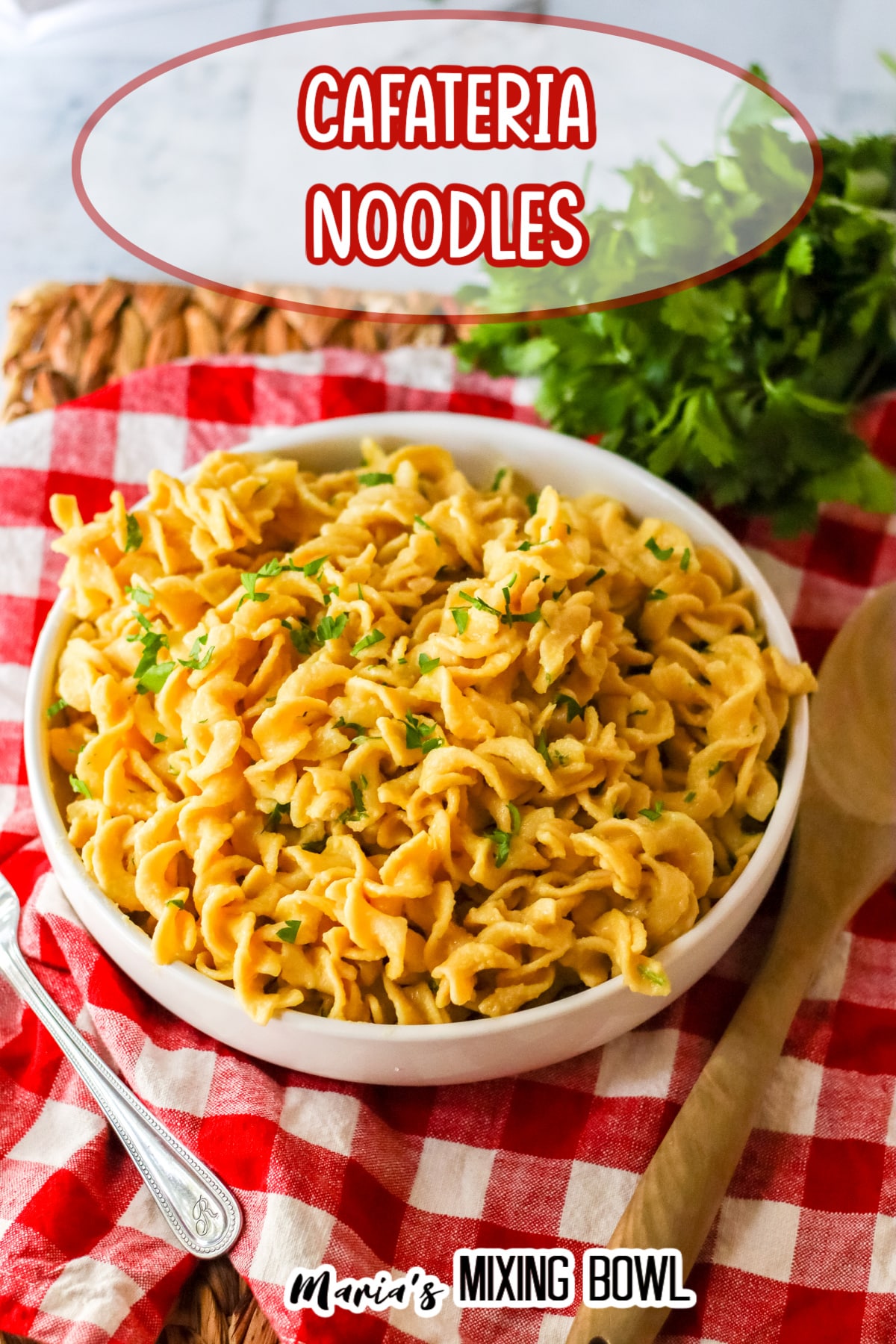 white bowl filled with cafeteria noodles and garnished with parsley with the name in text for pinterest