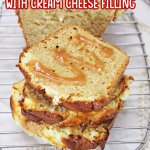 three slices of caramel bread on a wire cooling rack with the name in text for pinterest