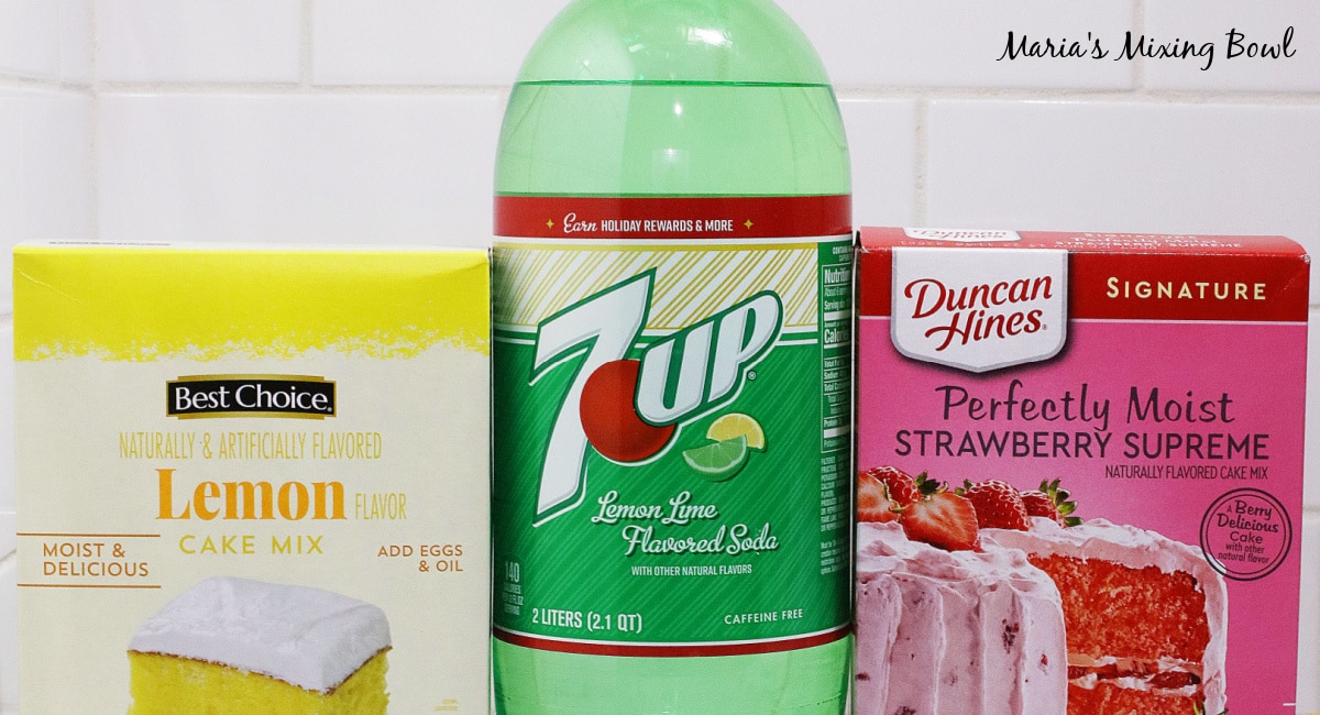 lemon cake mix, strawberry cake mix, and a bottled of 7up