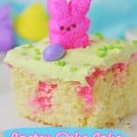 slice of easter poke cake on a white plate with a name in text
