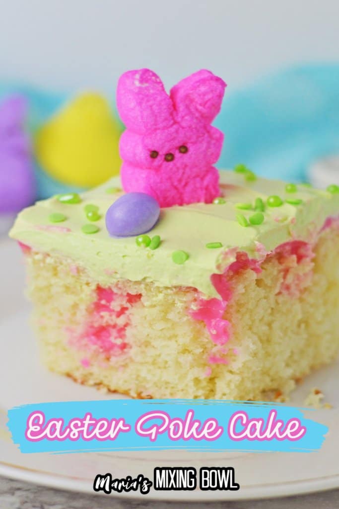 slice of easter poke cake on a white plate with a name in text