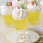five lemon jello shots on a white platter with the name in text for pinterest