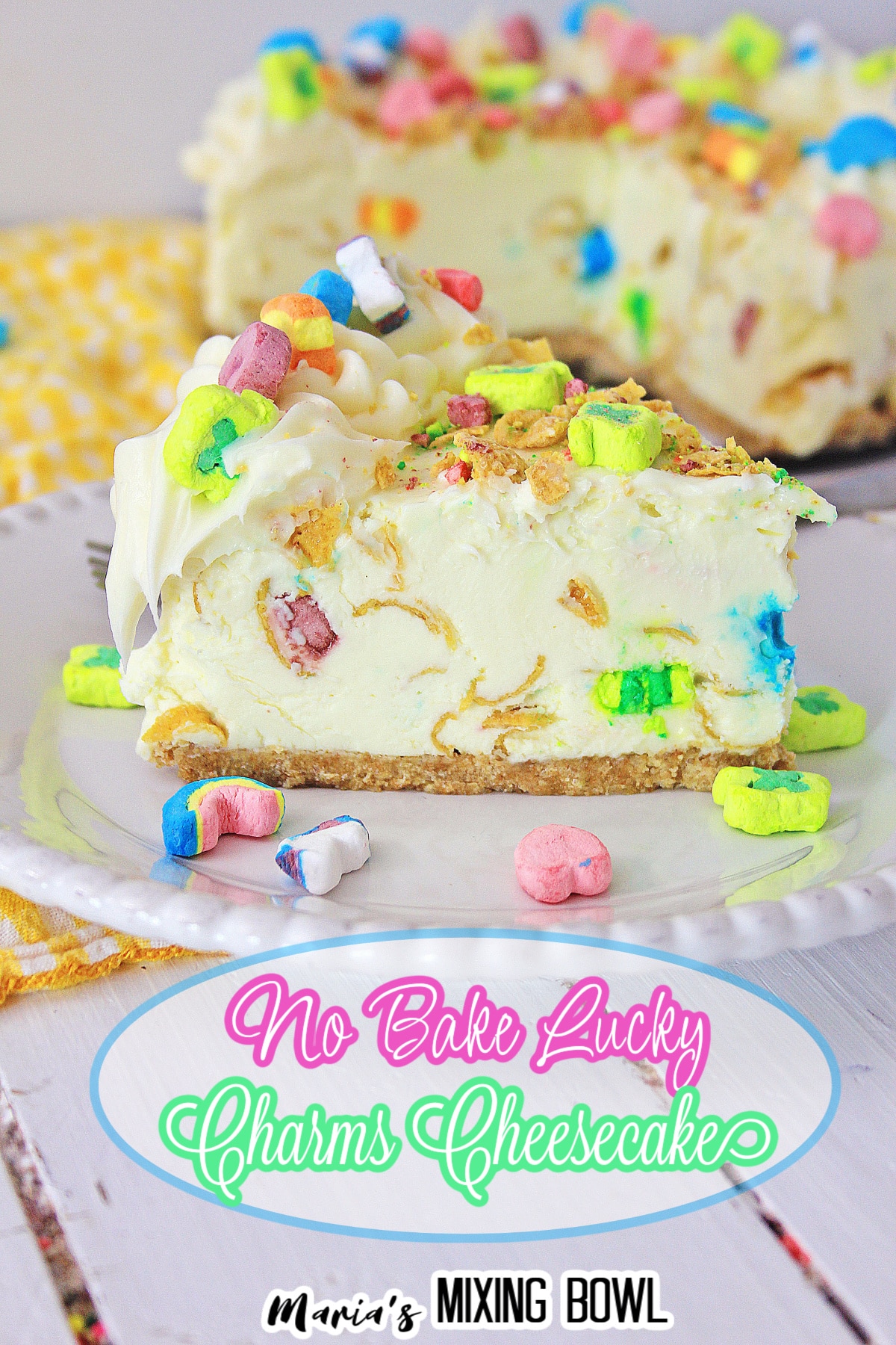 slice of lucky charms cheesecake on a white plate