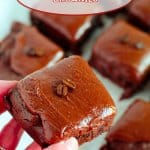 brownie held in the air by a woman's hand with the name in text for pinterest