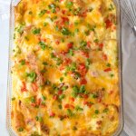 image of a overnight egg casserole in a glass baking dish